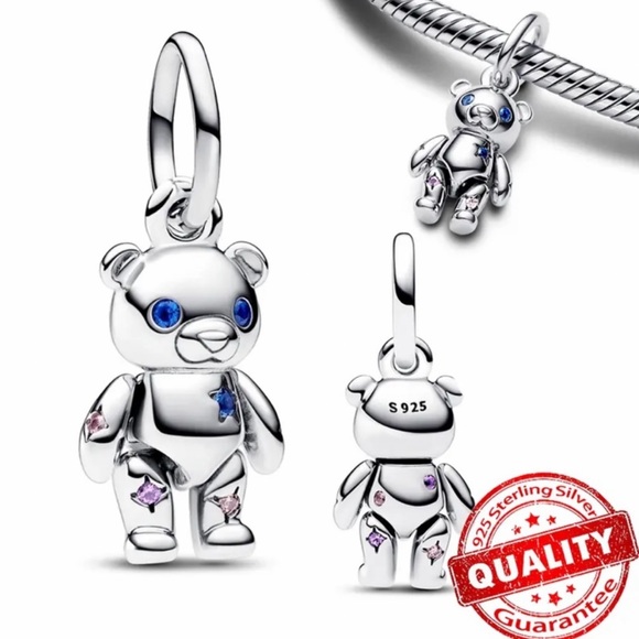 NWOT Moveable Teddy Bear Dangle Charm, Man-Made Crystals & Pink CZ Silver 925 - Picture 2 of 9